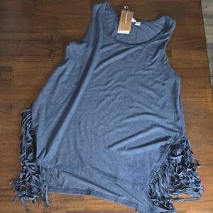 Fringed Navy Suede Sleeveless Tank Top - Casual Women's Layering Tee